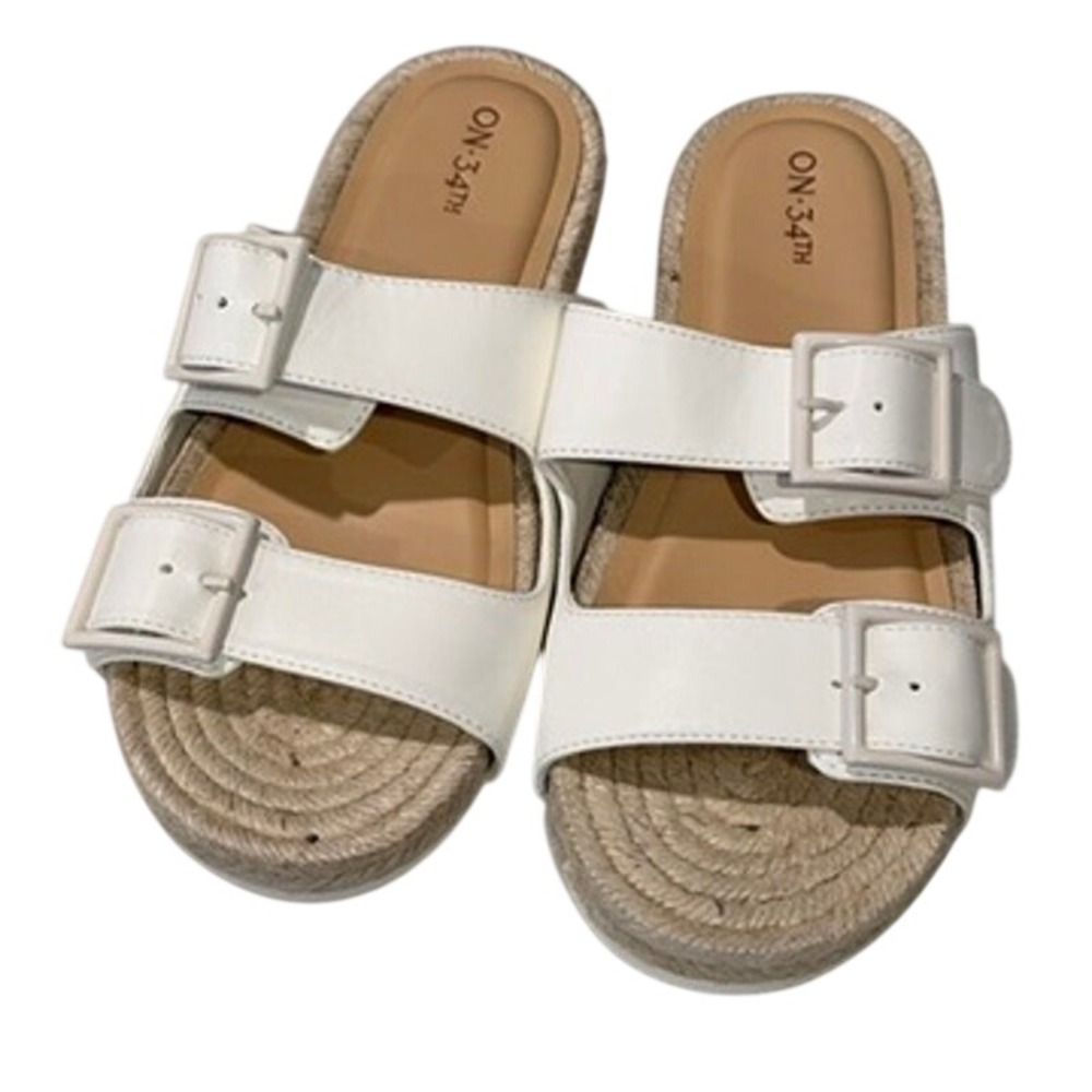 ON 34TH White Espadrille Slide Sandals Women's 8.5 Double Buckle Summer Shoes
